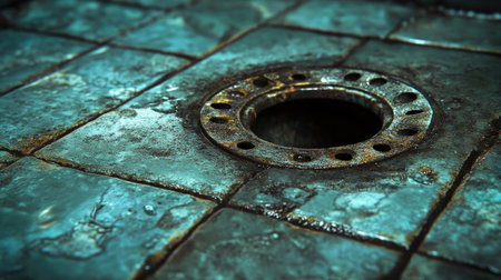A close-up of a drain trap under a bathroom floor, showing how it prevents sewer gases from escaping.の素材