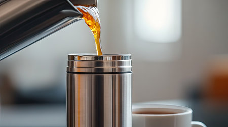 A close-up of a stainless steel thermos with a cup beside it, showing hot liquid being poured.の素材