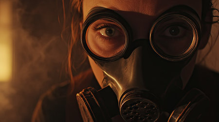 A close-up of a man's face, his features hidden behind a gas mask, with a cold, calculated expression in a dimly lit room.の素材