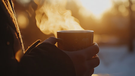 A close-up of a hand holding a steaming cup of coffee, with steam rising in the cool morning air.の素材