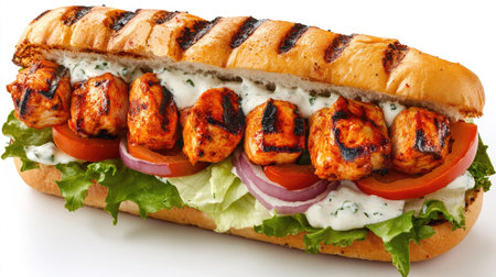A close-up of a kebab sandwich packed with spicy grilled chicken, fresh veggies, and creamy sauce, isolated on a clean surface.の素材