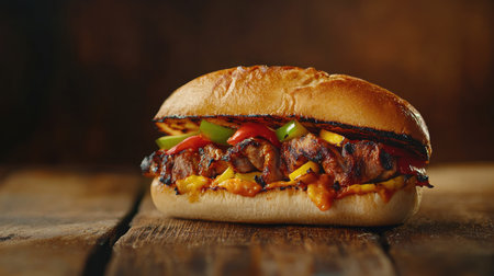 A close-up of a delicious kebab sandwich with a perfect combination of grilled meat and vegetables, isolated on a rustic table.の素材