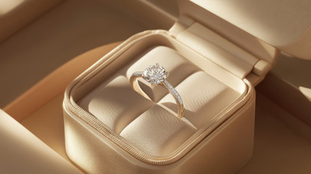 A close-up of a diamond ring in an elegant jewelry box, with the ring's brilliance shining through the open lid, set against a soft, neutral background.の素材