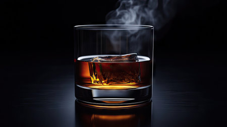 A clear glass of tea with visible steam rising, set on a polished dark black background that contrasts with the warmth of the beverage.の素材