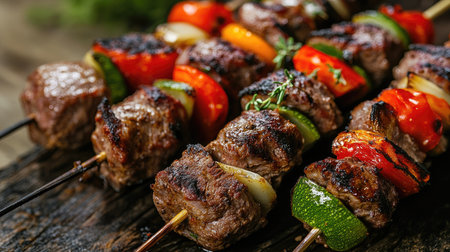 A close-up of a delicious kebab sandwich with a perfect combination of grilled meat and vegetables, isolated on a rustic table.の素材