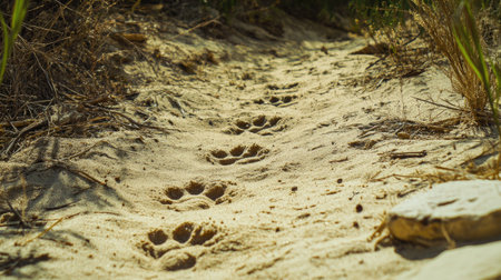 A cat's tiny paw prints marking a sandy pathway leading toward a hidden burrow.の素材
