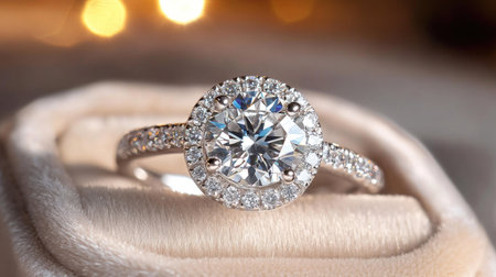 A close-up of a brilliant diamond ring in a plush jewelry gift box, with a background softly blurred to accentuate the ring's beauty.の素材