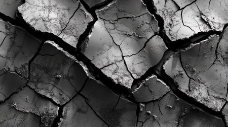 A close-up of a cracked street surface, with detailed texture showing the effects of extreme weather.の素材