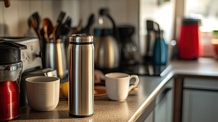 A close-up of a stainless steel thermos on a kitchen counter, surrounded by mugs and a fresh pot of coffee.の素材