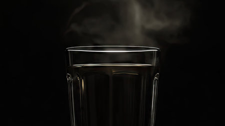A close-up of a glass of herbal tea, the steam gently rising against the contrast of a dark, glossy black background.の素材