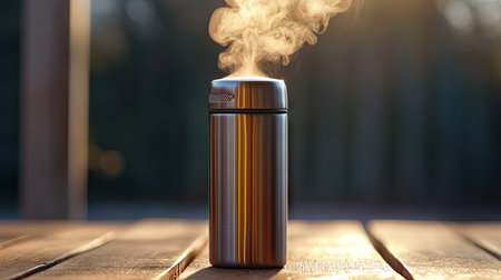 A stainless steel thermos placed on a wooden table, with steam rising from the opening, evoking a sense of warmth.の素材
