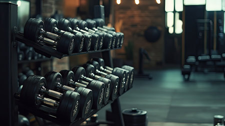 A well-organized set of metal dumbbells on a rack in a spacious gym, emphasizing fitness and discipline.の素材