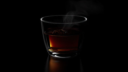 A steaming cup of warm tea in a clear glass, the black glossy backdrop enhancing the rich, comforting feeling of the tea.の素材