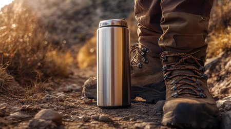 A stainless steel thermos with a matte finish, standing next to a hiking boot on a rocky trail.の素材