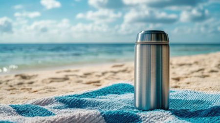 A stainless steel thermos resting on a beach towel near the shore, with a serene ocean backdrop.の素材