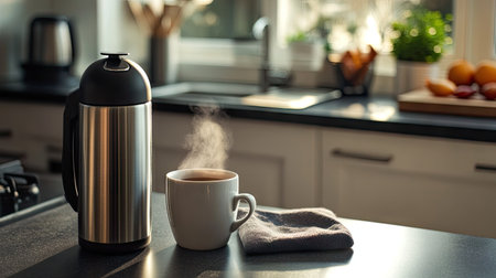 A stainless steel thermos on a kitchen countertop, with a steaming cup of coffee waiting beside it.の素材