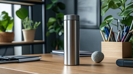 A stainless steel thermos on a wooden desk, surrounded by office essentials, evoking a productive workspace.の素材