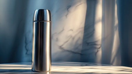 A stainless steel thermos on a marble surface, reflecting soft light and creating an elegant ambiance.の素材
