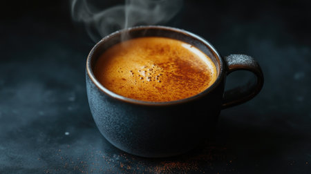 A steaming cup of espresso on a glossy black background, the rich aroma rising into the air.の素材