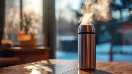 A stainless steel thermos placed on a wooden table, with steam rising from the opening, evoking a sense of warmth.の素材