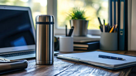 A stainless steel thermos on a wooden desk, surrounded by office essentials, evoking a productive workspace.の素材