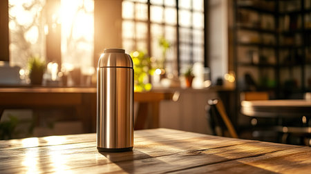 A stainless steel thermos placed on a wooden table in a cozy kitchen, with morning sunlight illuminating the scene.の素材