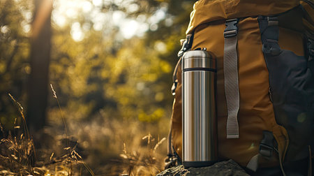 A stainless steel thermos with a sleek, modern design resting on a backpack during a camping trip.の素材