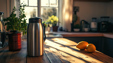 A stainless steel thermos placed on a wooden table in a cozy kitchen, with morning sunlight illuminating the scene.の素材