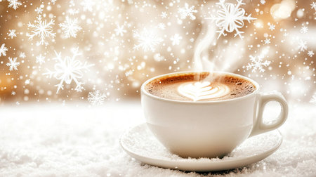 A steaming cup of coffee on a snowy day, with steam rising against a backdrop of white snowflakes.の素材
