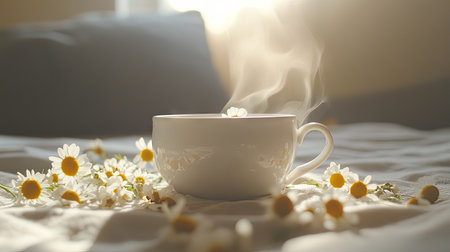 A steaming cup of herbal tea with flowers around it, creating a calming and relaxing atmosphere.の素材