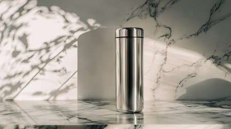 A stainless steel thermos on a marble surface, reflecting soft light and creating an elegant ambiance.の素材