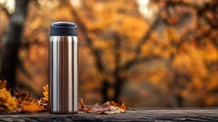 A stainless steel thermos sitting on a rustic wooden table with a backdrop of fall leaves and nature.の素材