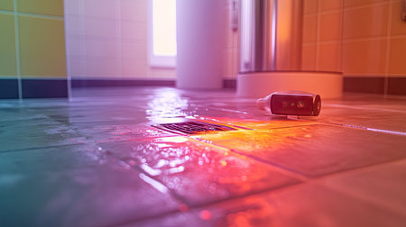 A thermal imaging camera detecting a water leak beneath a bathroom floor drain, showing heat patterns.の素材