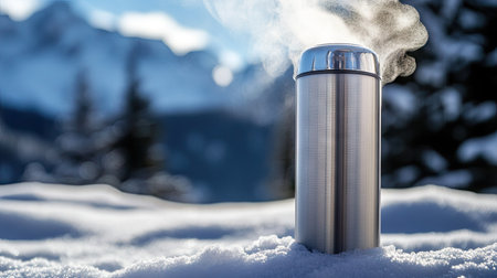 A stainless steel thermos resting on a snowy background with steam gently rising from the opening.の素材