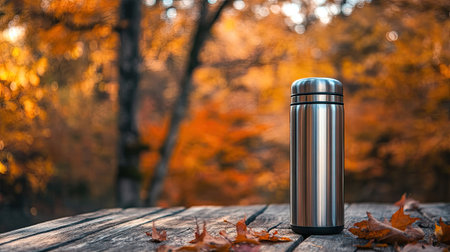 A stainless steel thermos sitting on a rustic wooden table with a backdrop of fall leaves and nature.の素材
