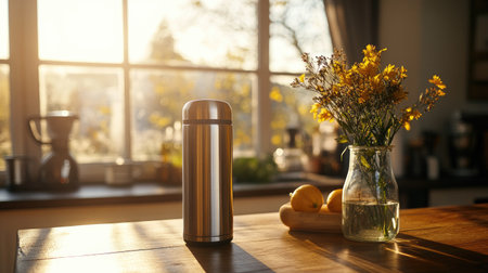 A stainless steel thermos placed on a wooden table in a cozy kitchen, with morning sunlight illuminating the scene.の素材