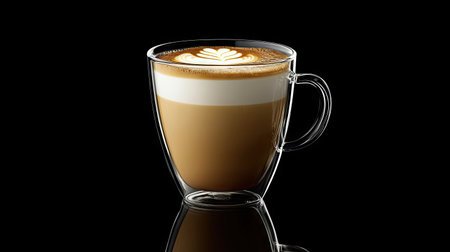 A warm, inviting cup of coffee with latte art on top, set against a glossy black backdrop.の素材
