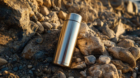 A stainless steel thermos resting on a rocky surface, with the morning sun casting soft shadows and highlighting its polished surface.の素材