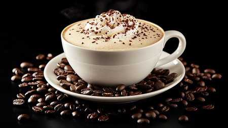 A steaming cappuccino in a white cup, surrounded by coffee beans, placed on a black background.の素材