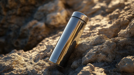A stainless steel thermos resting on a rocky surface, with the morning sun casting soft shadows and highlighting its polished surface.の素材