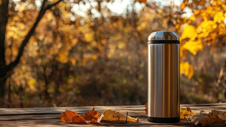 A stainless steel thermos sitting on a rustic wooden table with a backdrop of fall leaves and nature.の素材