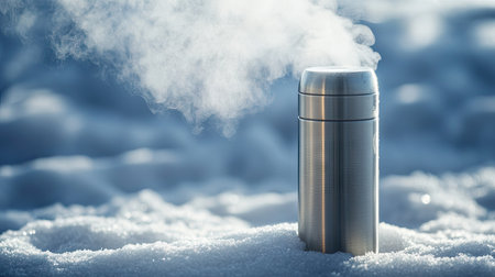 A stainless steel thermos resting on a snowy background with steam gently rising from the opening.の素材