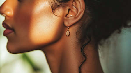A woman's ear adorned with a modern minimalist earring, set against a blurred, neutral-toned background for emphasis.の素材