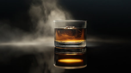 A steaming glass of tea with a faint reflection on the dark glossy surface beneath it, creating a sophisticated, calming scene.の素材