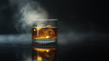 A steaming glass of tea with a faint reflection on the dark glossy surface beneath it, creating a sophisticated, calming scene.の素材