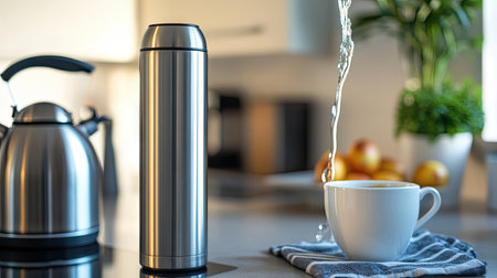 A stainless steel thermos sitting on a kitchen counter with hot water being poured into a cup next to it.の素材