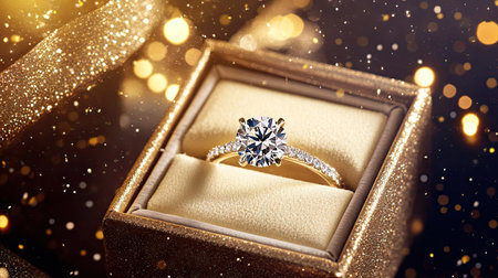 A stunning diamond ring inside an open gift box, with the backdrop blurred to emphasize the beauty and brilliance of the diamond.の素材