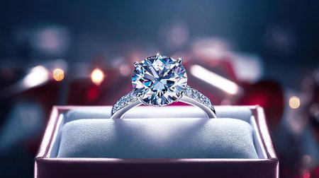 A stunning diamond ring inside an open gift box, with the backdrop blurred to emphasize the beauty and brilliance of the diamond.の素材