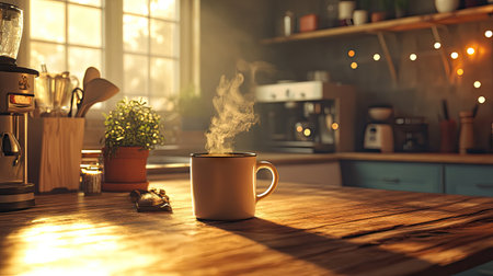 A steaming hot mug of coffee placed on a kitchen counter, surrounded by soft lighting and rustic decor.の素材