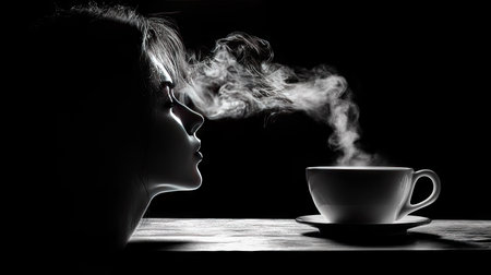 A steaming cup of black coffee on a cold morning, with wisps of vapor drifting into the air.の素材